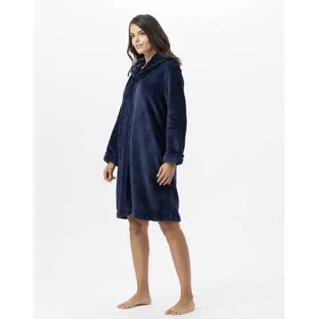 Plush flannel bathrobe ESSENTIEL 656 navy blue | Lingerie le Chat