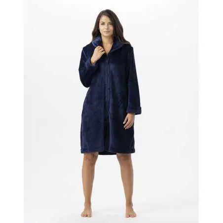 Plush flannel bathrobe ESSENTIEL 656 navy blue | Lingerie le Chat