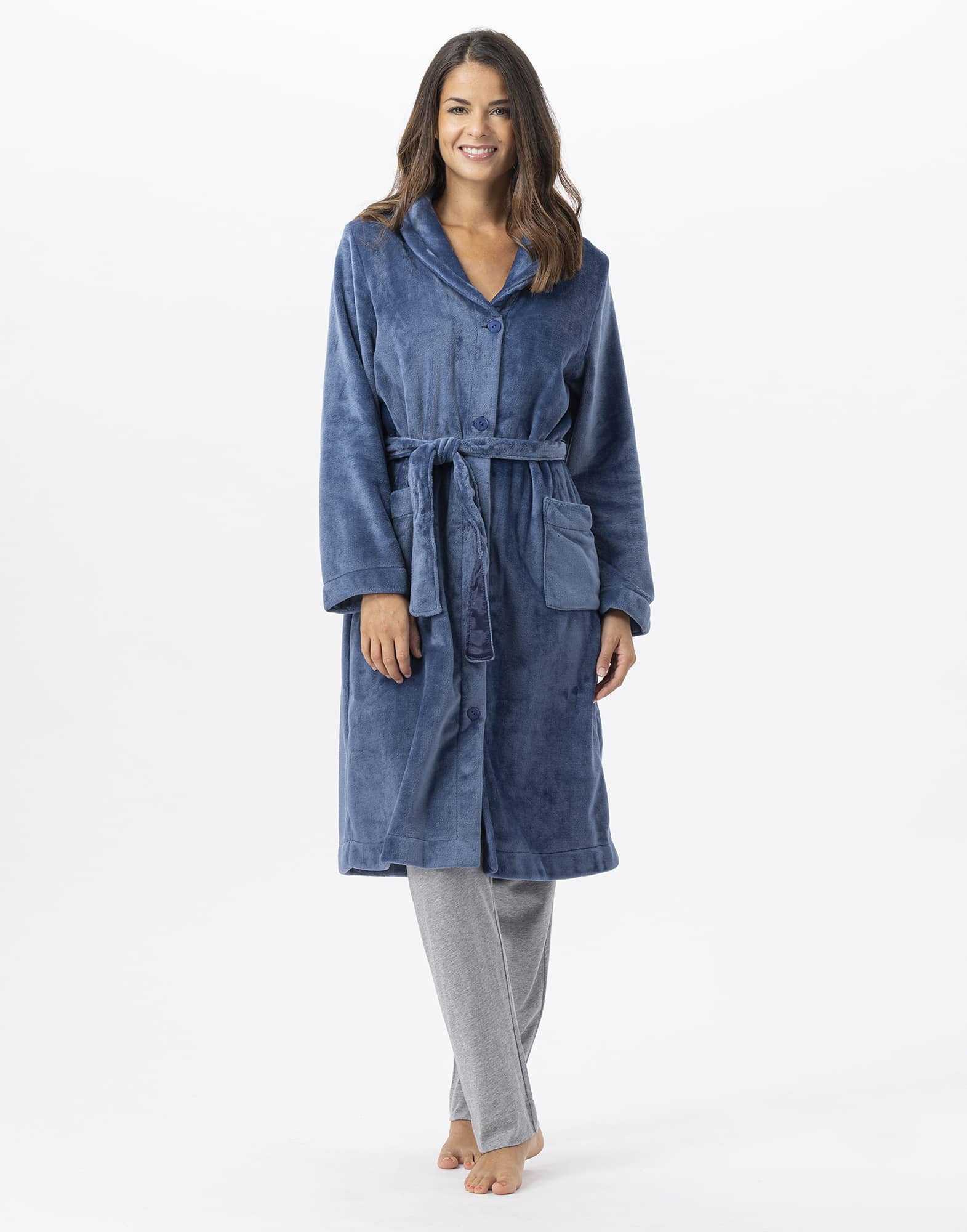 Plush flannel bathrobe ESSENTIEL 651 prussian blue | Lingerie le Chat
