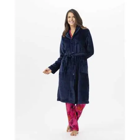 Plush flannel bathrobe ESSENTIEL 651 navy blue | Lingerie le Chat