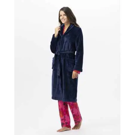 Plush flannel bathrobe ESSENTIEL 651 navy blue | Lingerie le Chat