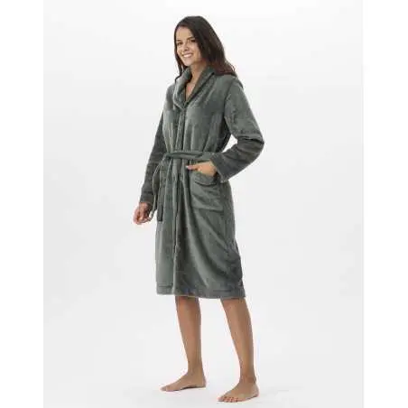 Plush flannel bathrobe ESSENTIEL 651 moss green | Lingerie le Chat