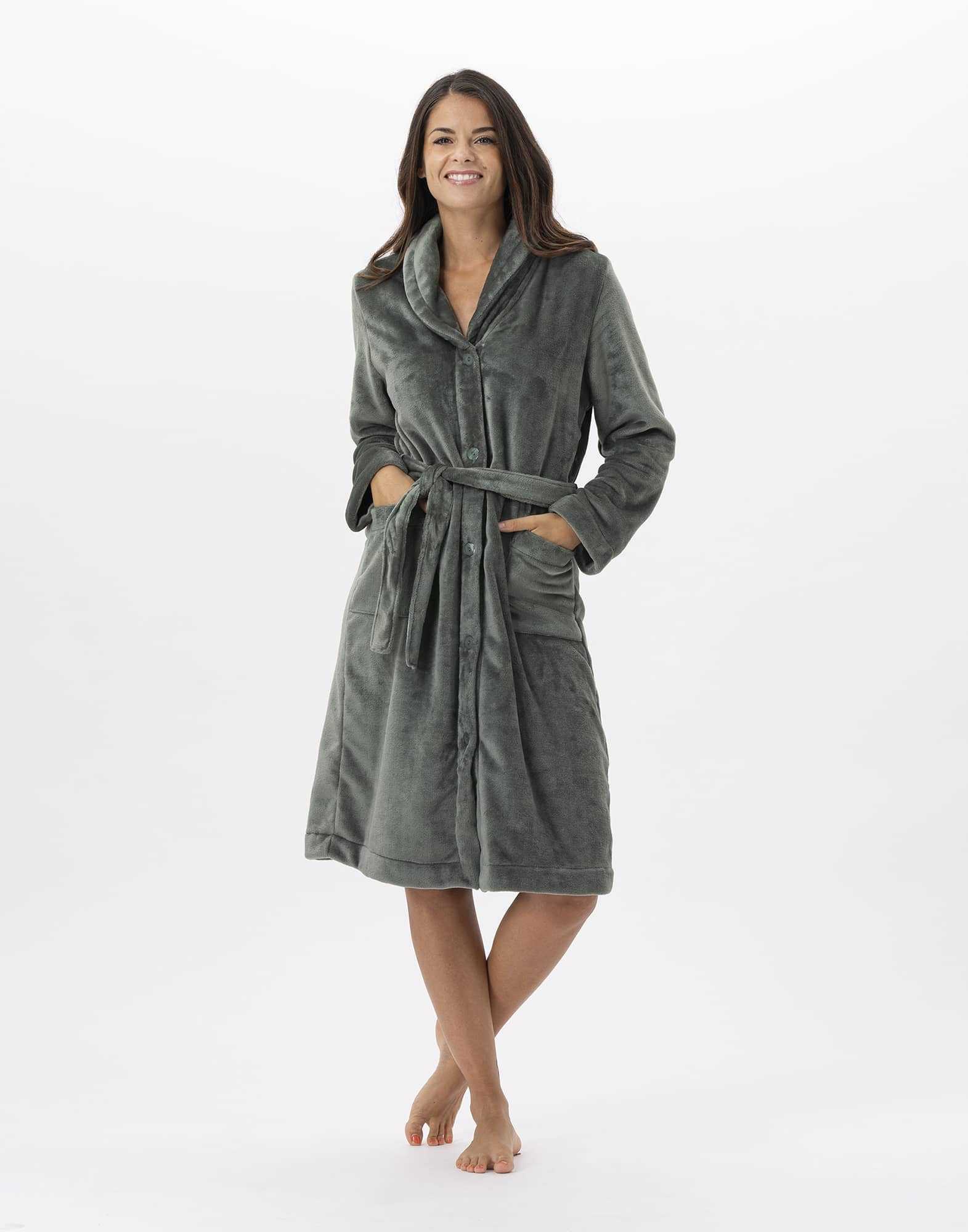 Plush flannel bathrobe ESSENTIEL 651 moss green | Lingerie le Chat