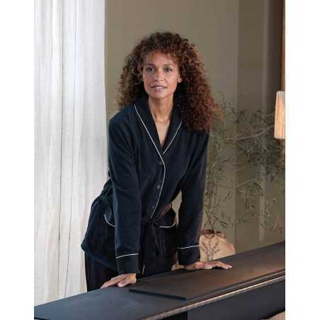 Buttoned pyjamas GABRIELLE 616 made from black microfleece and viscose jacquard| Lingerie le Chat