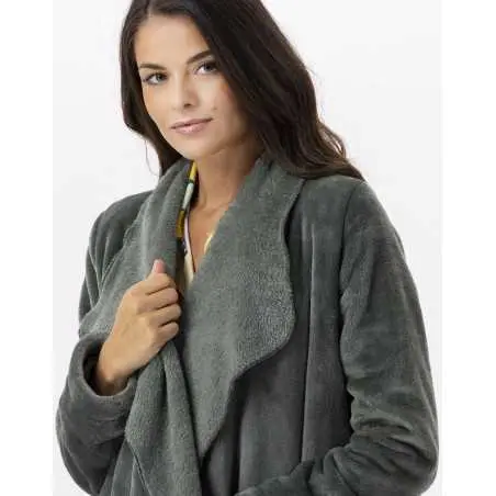 Fur draped loungewear jacket in  ESSENTIEL H73A moss green  | Lingerie le Chat