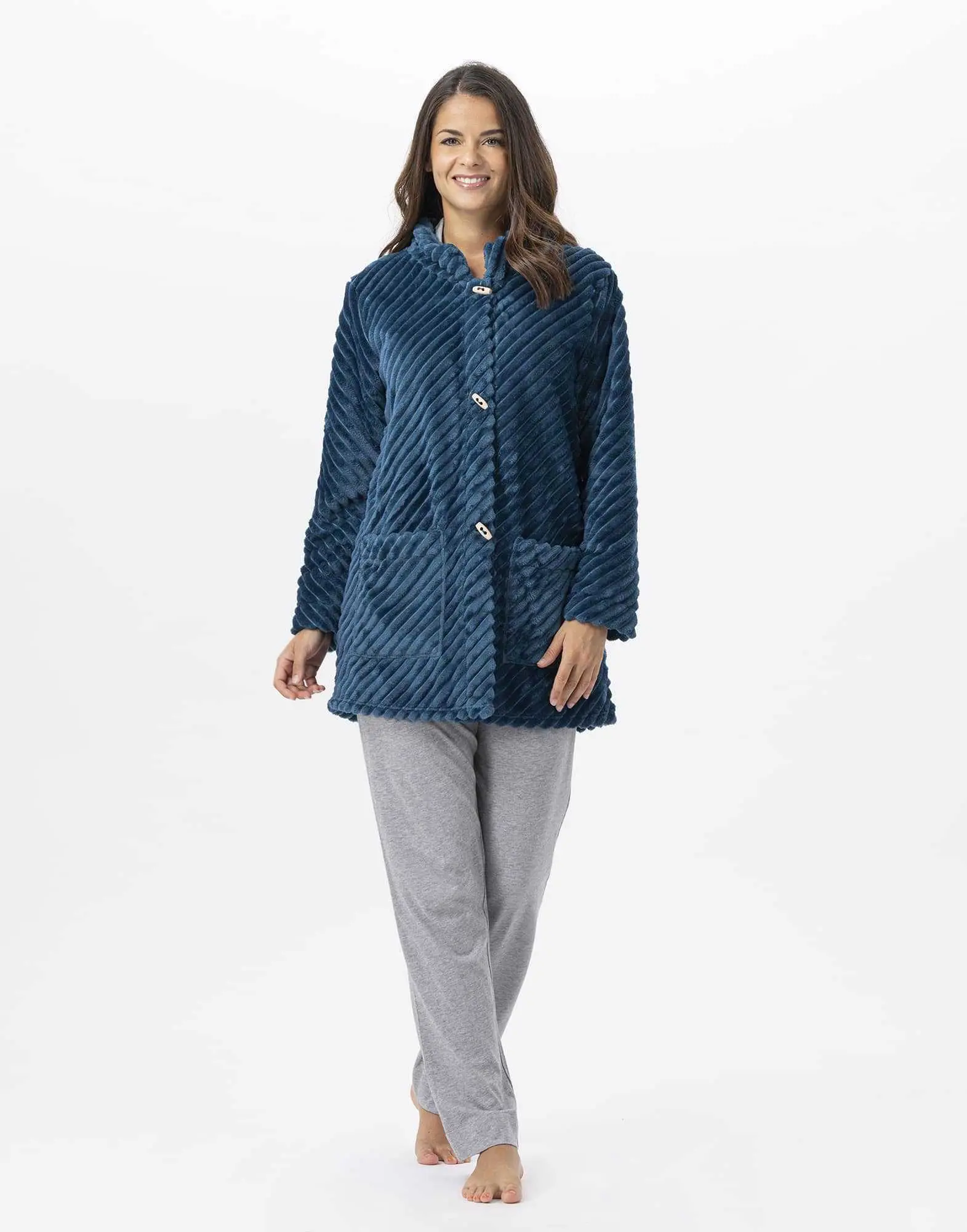 Fur draped loungewear jacket ESSENTIEL H75A peacock blue | Lingerie le Chat