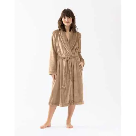 Plush flannel twill bathrobe ESSENTIEL 661 in honey gold | Lingerie le Chat