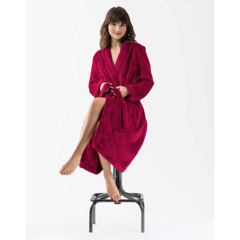 Plush flannel twill bathrobe ESSENTIEL 661 in peony | Lingerie le Chat Plush flannel twill bathrobe ESSENTIEL 661 in peony | Lingerie le Chat
