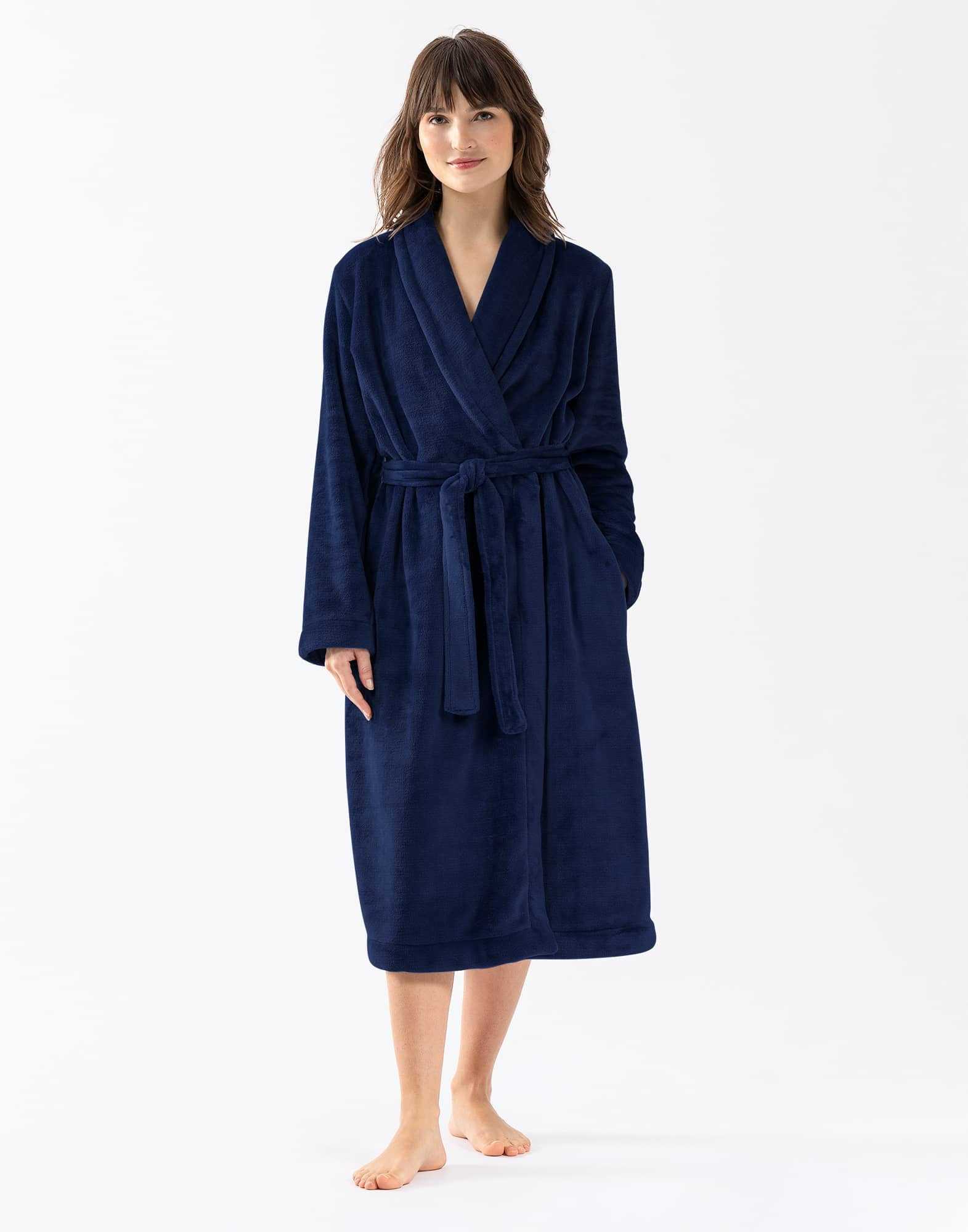 Plush flannel twill bathrobe ESSENTIEL 661 in navy blue | Lingerie le Chat