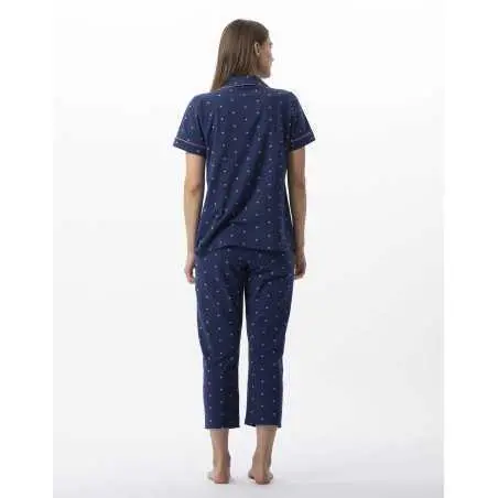 Pyjama pantacourt boutonné en coton AMORE 706 marine  | Lingerie le Chat