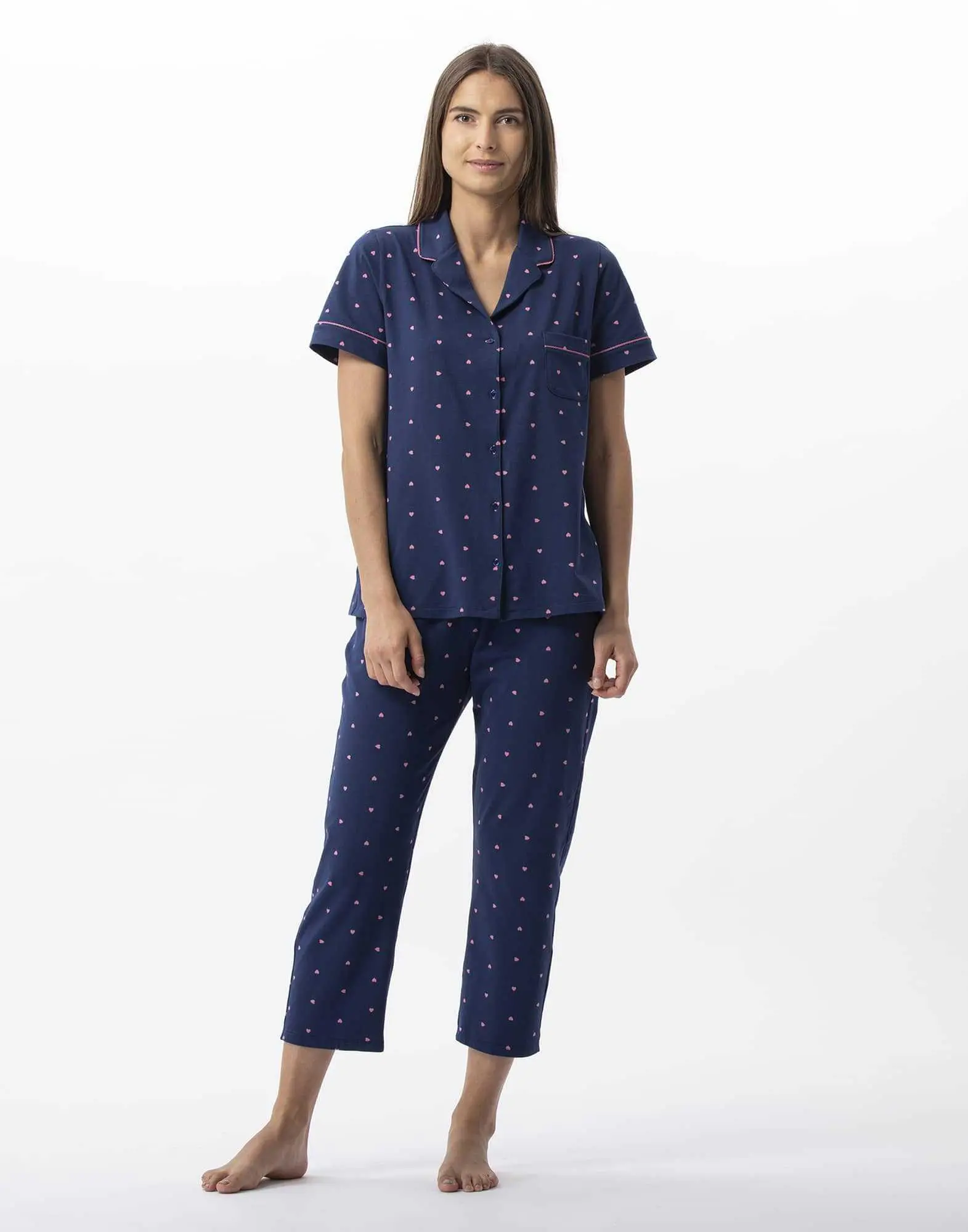 Pyjama pantacourt boutonné en coton AMORE 706 marine  | Lingerie le Chat