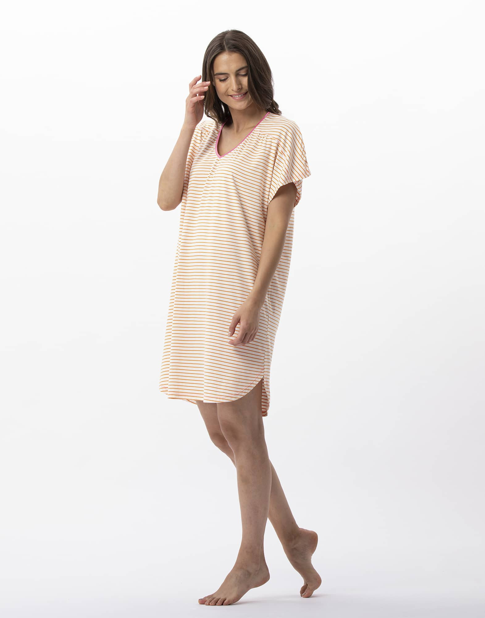 Striped nightshirt in cotton and modal FRUTTI 701 tangerine