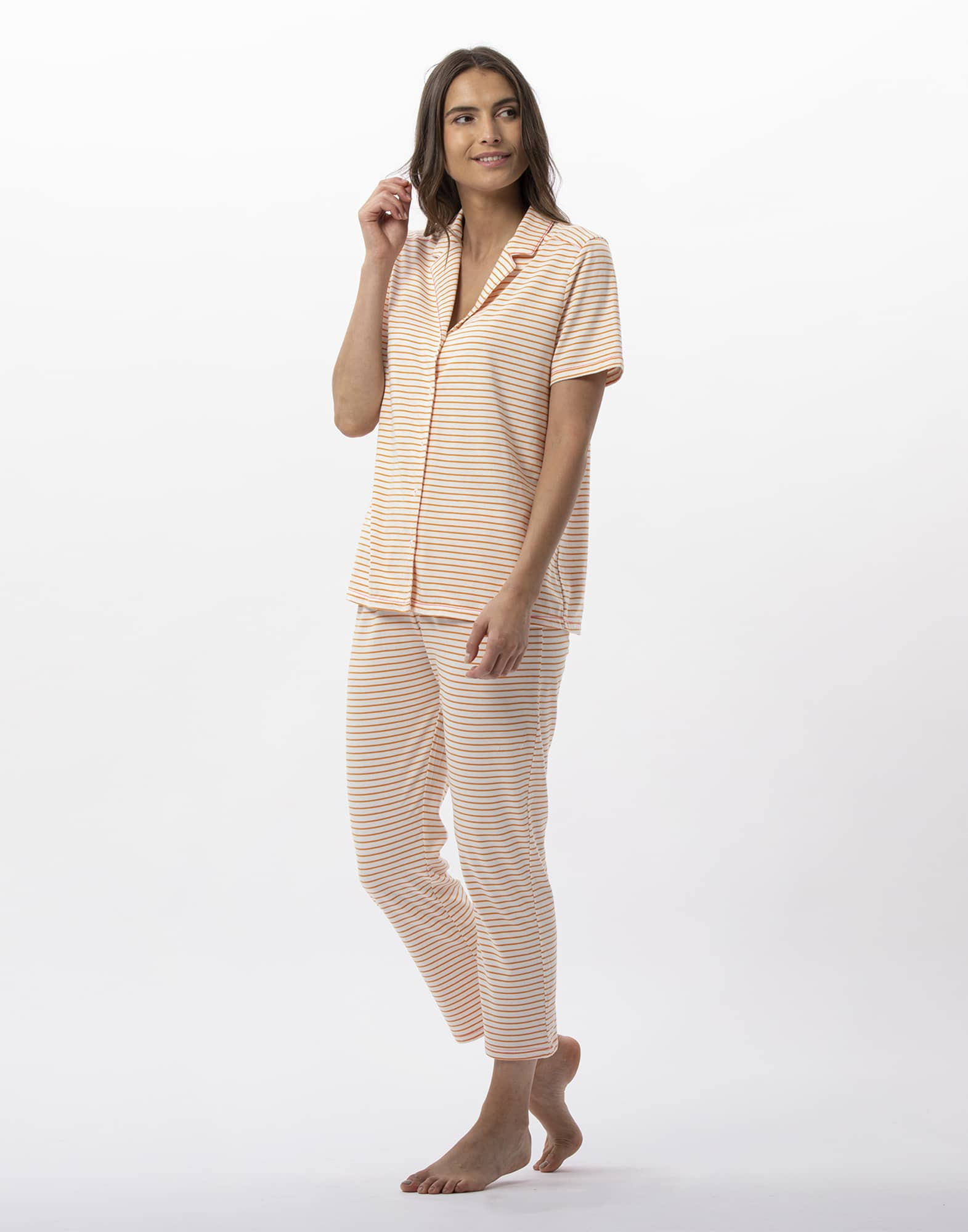 Striped buttoned pyjamas in cotton and modal FRUTTI 706 tangerine