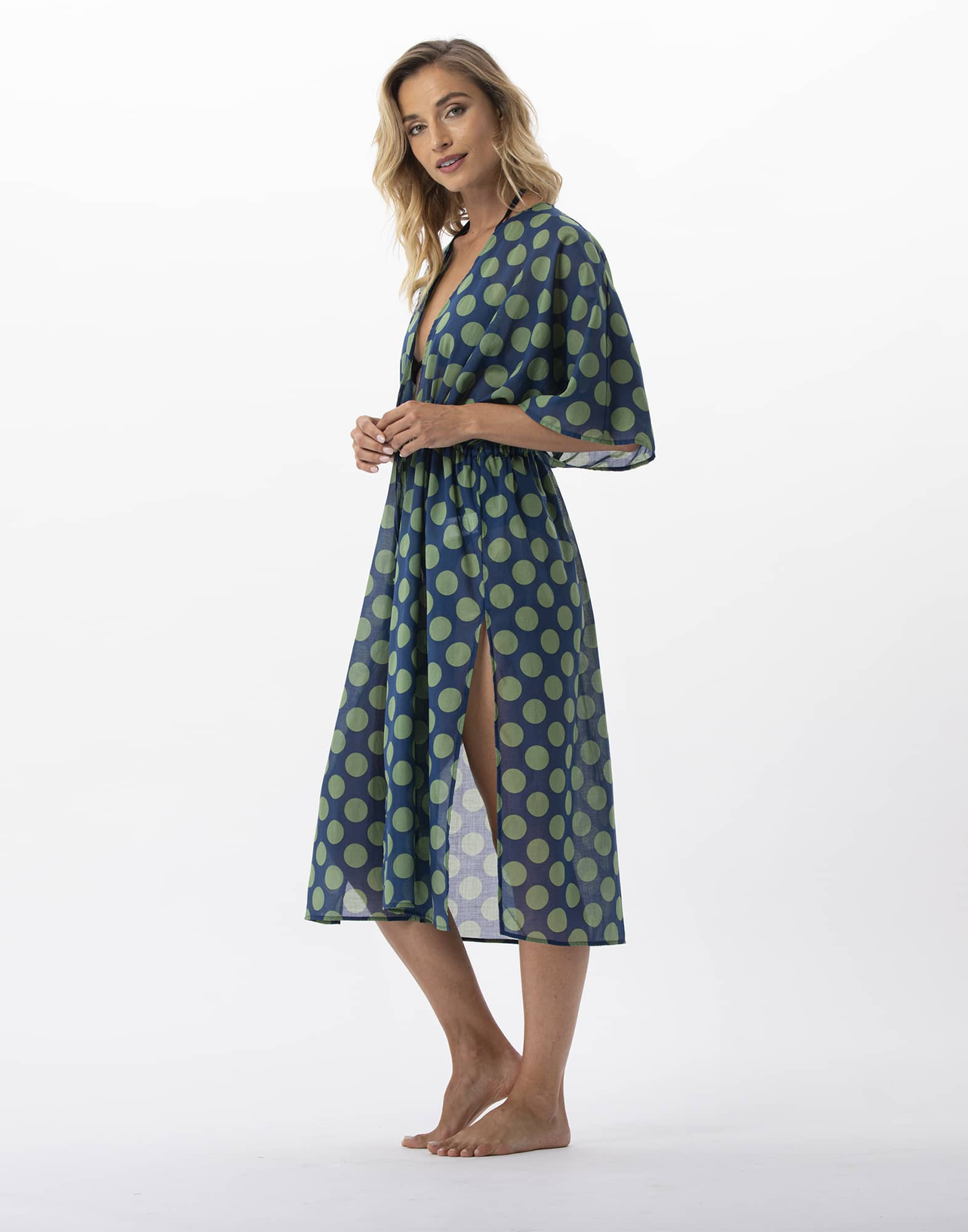 Polka dot printed kimono in 100% cotton RIVA 770 green