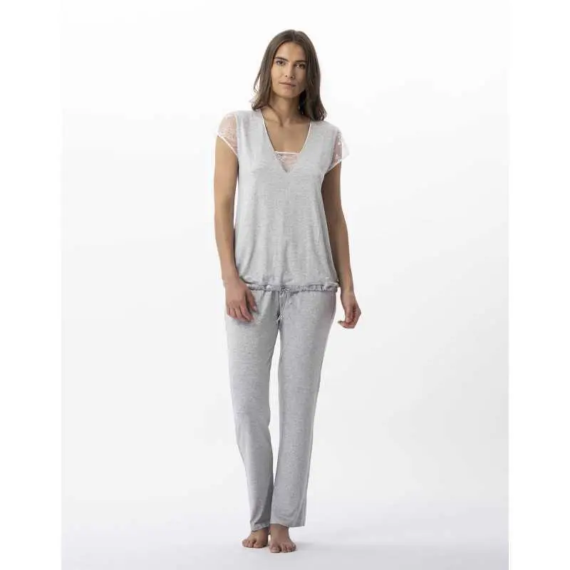 Pyjama en jersey et dentelle ANNAH 702 gris chiné   | Lingerie le Chat