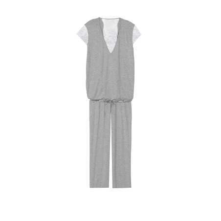 Pyjama en jersey et dentelle ANNAH 702 gris chiné   | Lingerie le Chat