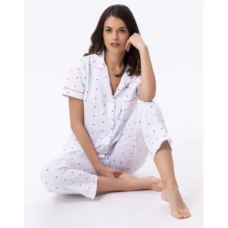 Pyjama pantacourt boutonné en coton AMORE 706 blanc  | Lingerie le Chat