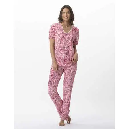 Pyjama 7/8° imprimé en viscose élasthanne VICTORIA 702 fraise  | Lingerie le Chat
