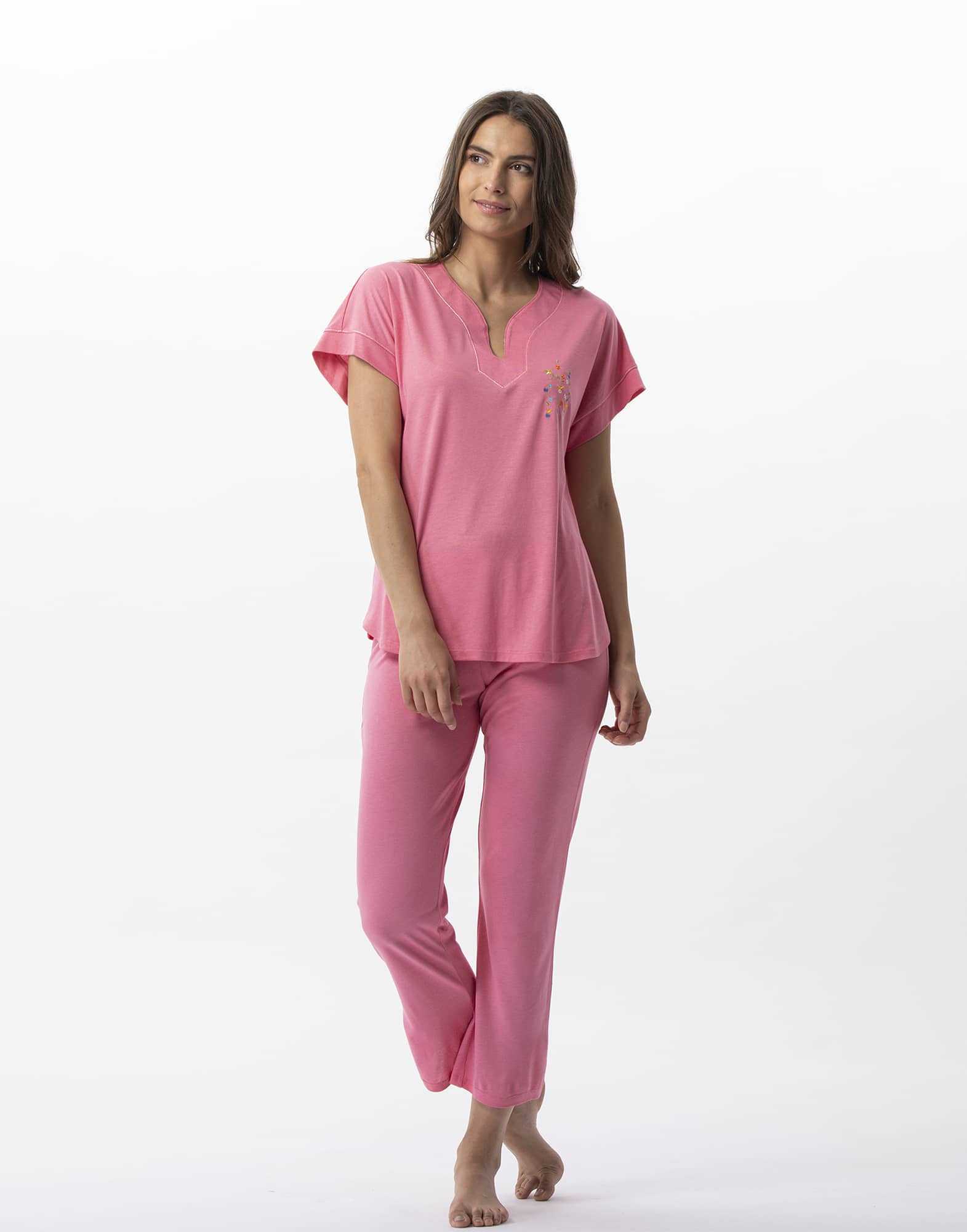 Pyjama pantacourt en coton modal RIVIERA 702 fraise  | Lingerie le Chat