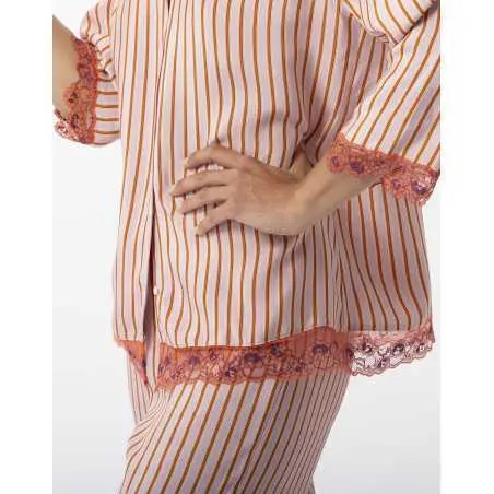 Pyjama boutonné rayé en 100% viscose BIRKIN 706 dragée  | Lingerie le Chat
