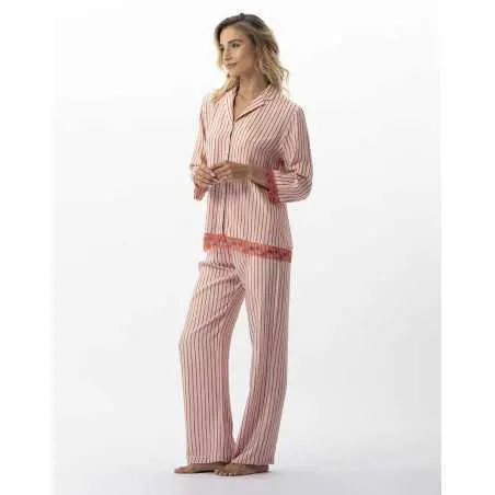 Pyjama boutonné rayé en 100% viscose BIRKIN 706 dragée  | Lingerie le Chat