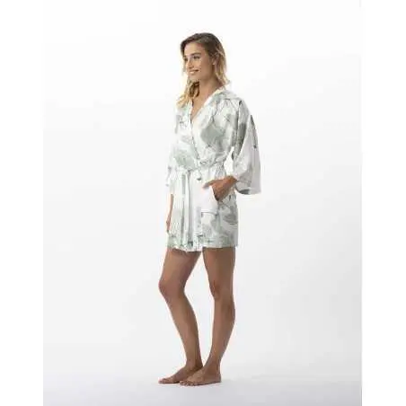 Kimono motif végétal en 100% viscose GINKGO 760 kaki  | Lingerie le Chat