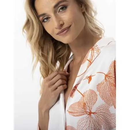 Buttoned pyjamas with plant pattern in 100% viscose GINKGO 706 tangerine