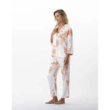 Buttoned pyjamas with plant pattern in 100% viscose GINKGO 706 tangerine