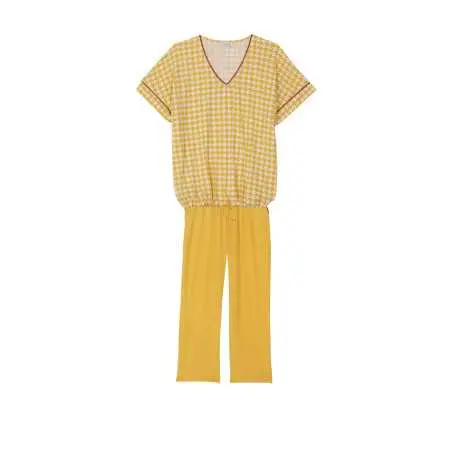 Pyjama 7/8° imprimé pied de poule en viscose élasthanne ROSIE 702 soleil  | Lingerie le Chat