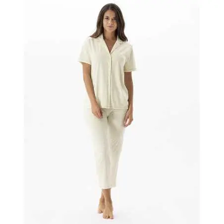 Pyjama boutonné rayé en coton et modal FRUTTI 706 anis  | Lingerie le Chat