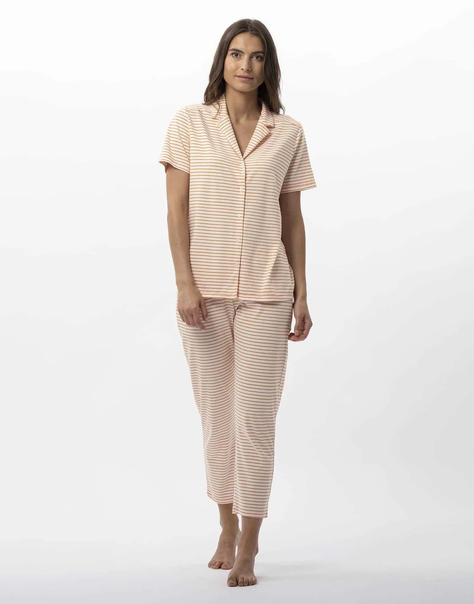 Pyjama boutonné rayé en coton et modal FRUTTI 706 mandarine  | Lingerie le Chat