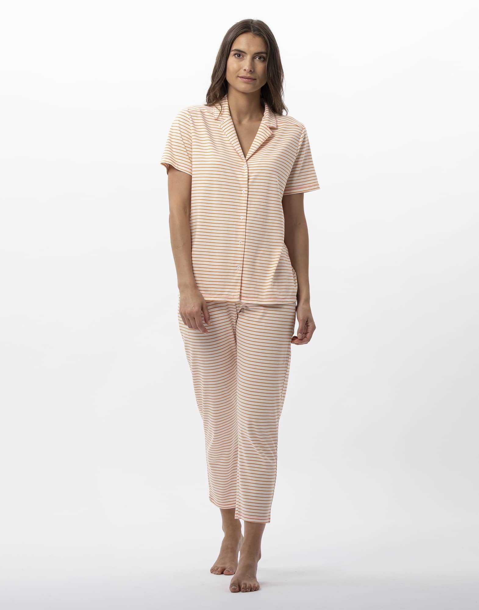 Striped buttoned pyjamas in cotton and modal FRUTTI 706 tangerine | Lingerie le Chat