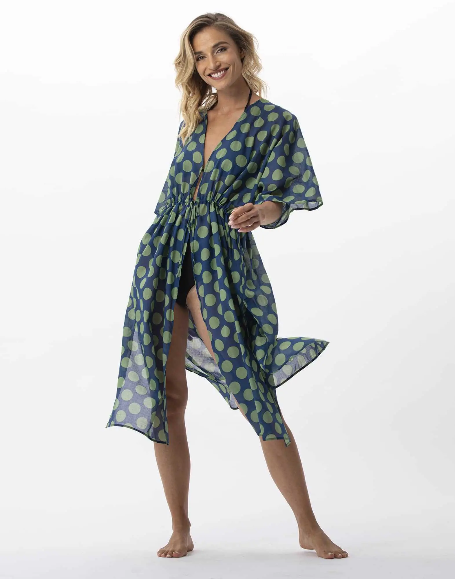 Kimono imprimé pois en 100% coton RIVA 770 vert  | Lingerie le Chat