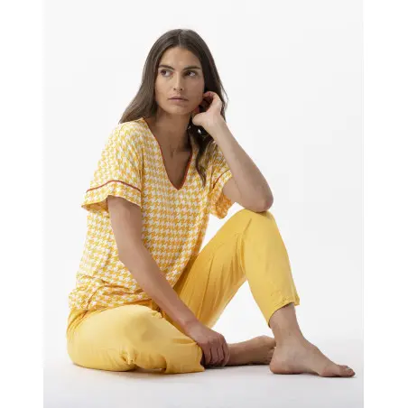 Houndstooth print 7/8° pyjamas in viscose elastane ROSIE 702 sun | Lingerie le Chat