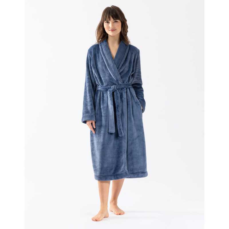 Plush flannel twill bathrobe ESSENTIEL H61B in prussian blue | Lingerie le Chat