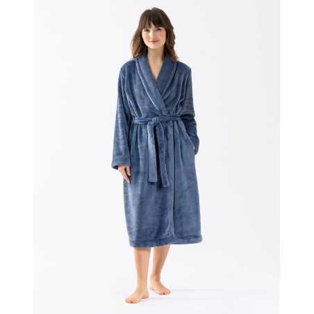 Plush flannel twill bathrobe ESSENTIEL H61B in prussian blue | Lingerie le Chat