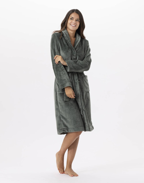 Plush flannel button-down dressing gown ESSENTIEL moss green