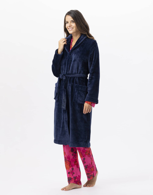 Robe de chambre boutonnée en peluche flanelle ESSENTIEL Marine