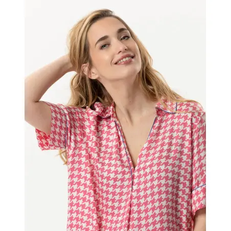 Houndstooth Check shirt in 100% viscose COCOTTE 705 strawberry | Lingerie le Chat