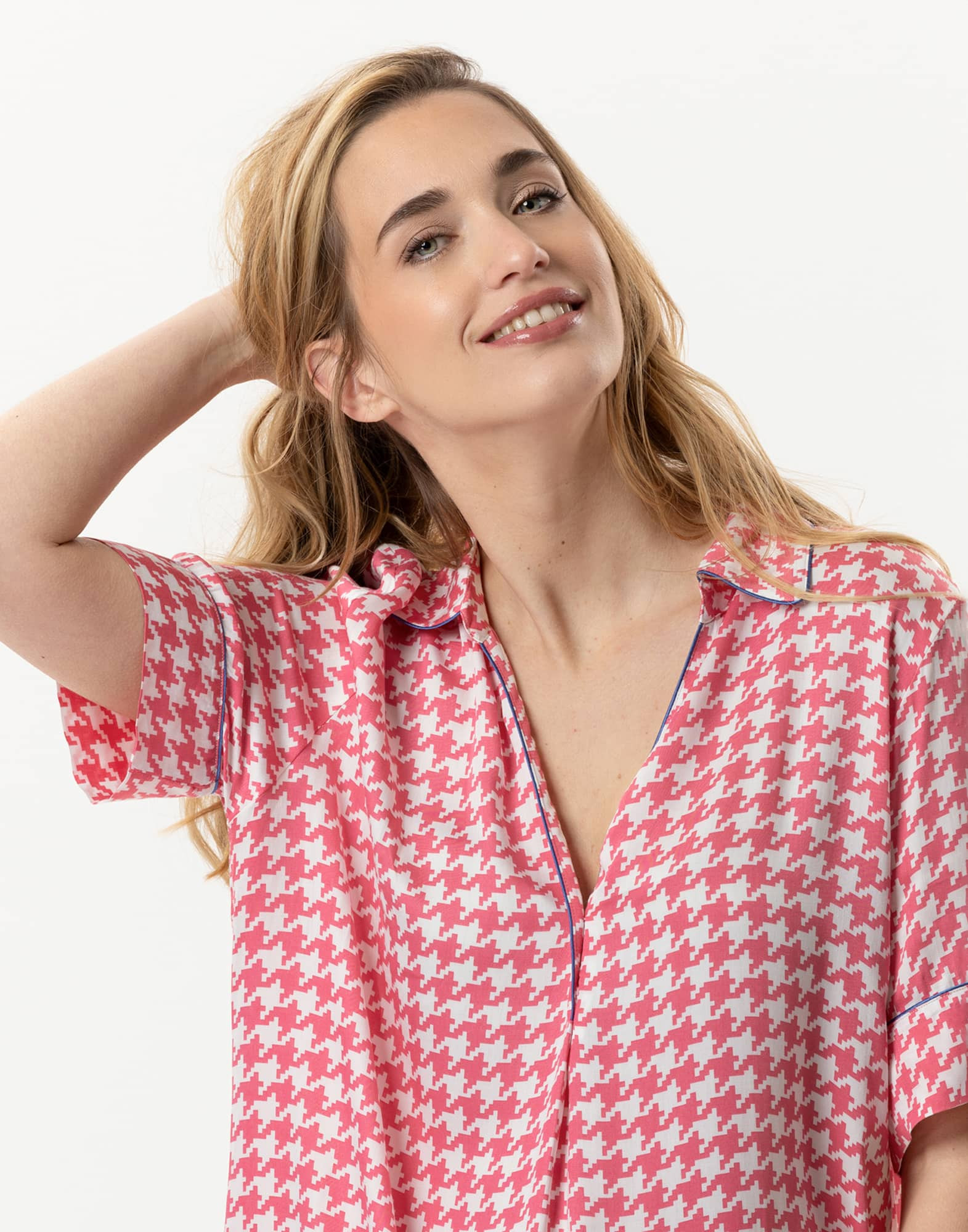 Houndstooth Check shirt in 100% viscose COCOTTE 705 strawberry