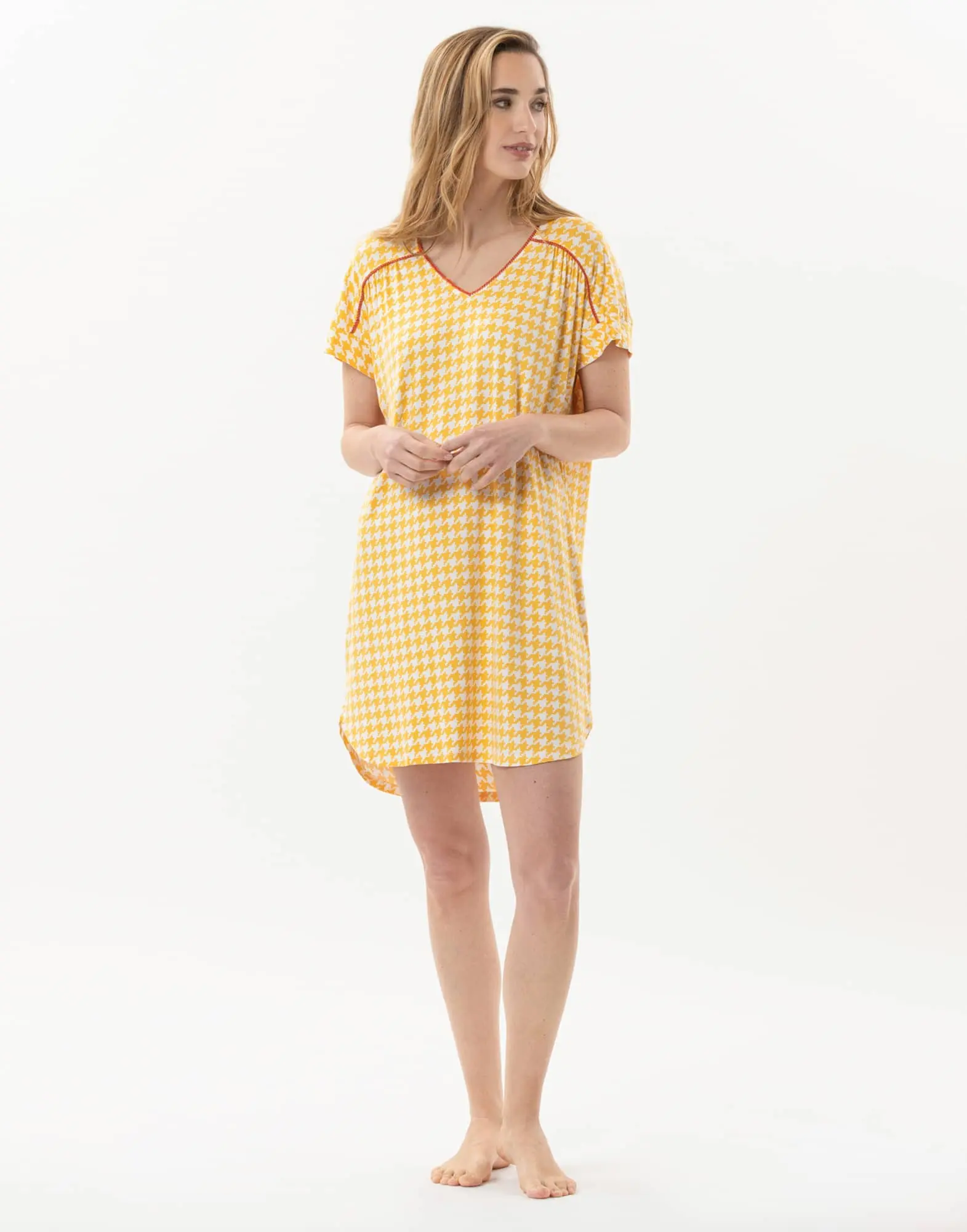 Houndstooth print nightdress in viscose elastane ROSIE 701 sun | Lingerie le Chat
