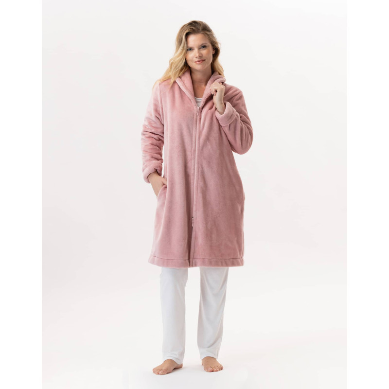 Plush flannel bathrobe ESSENTIEL H56B blush| Lingerie le Chat Plush flannel bathrobe ESSENTIEL H56B blush| Lingerie le Chat