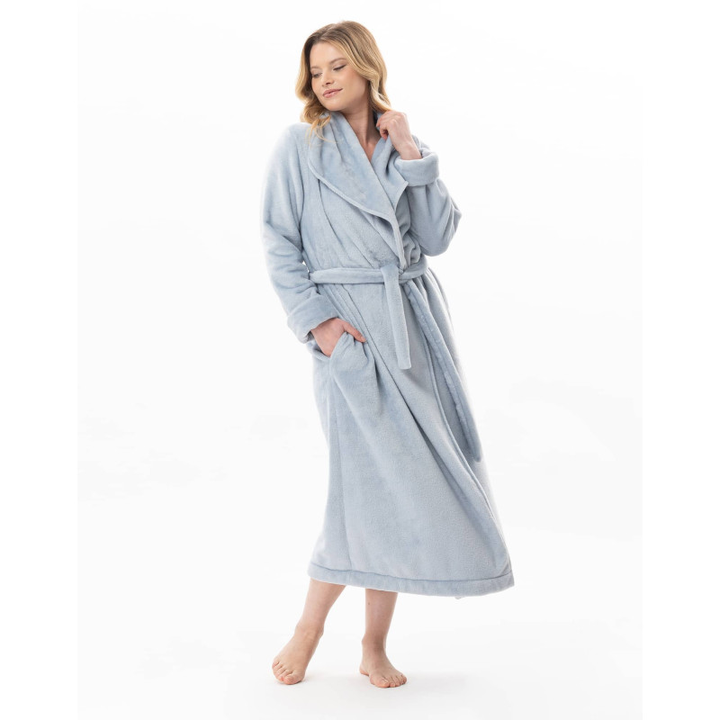 Peignoir croisé long en peluche flanelle ESSENTIEL Ciel | Lingerie le Chat