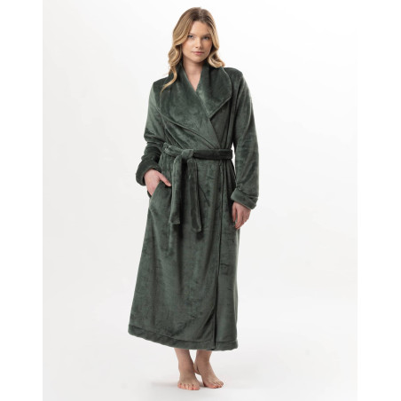 Plush flannel crossed dressing gown ESSENTIEL Lichen | Lingerie le Chat