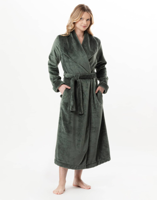 Peignoir croisé long en peluche flanelle ESSENTIEL Lichen