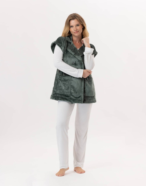 Short-sleeved button-down jacket in plush flannel ESSENTIEL Lichen