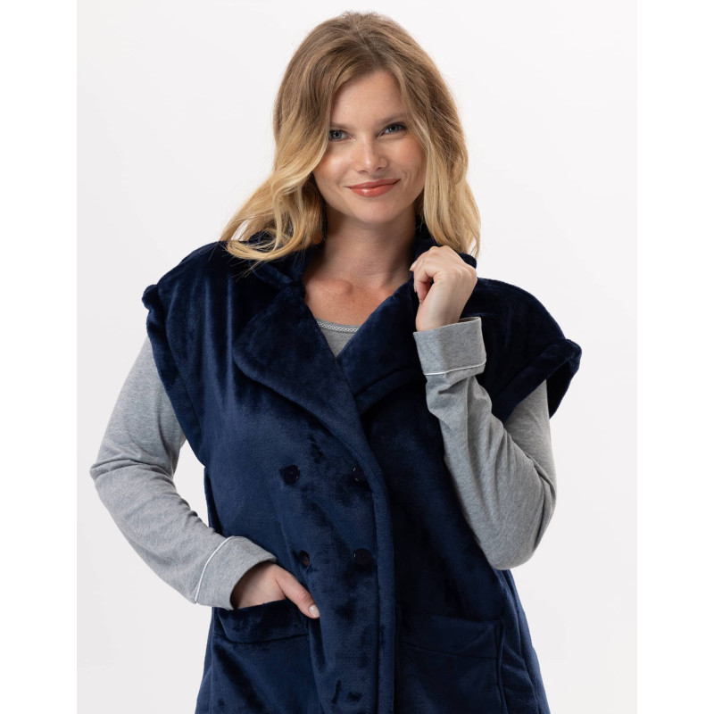 Short-sleeved button-down jacket in plush flannel ESSENTIEL Navy Blue | Lingerie le Chat
