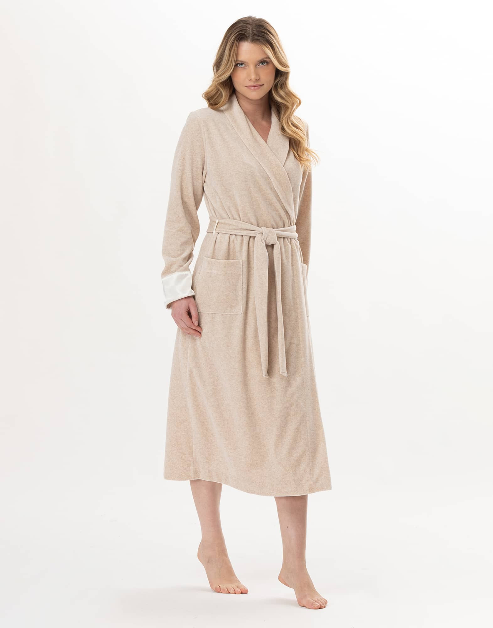 Velvet crossed dressing gown ESSENTIEL Beige China | Lingerie le Chat Velvet crossed dressing gown ESSENTIEL Beige China | Lingerie le Chat