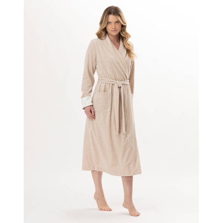 Peignoir croisé en velours ESSENTIEL Beige Chine | Lingerie le Chat