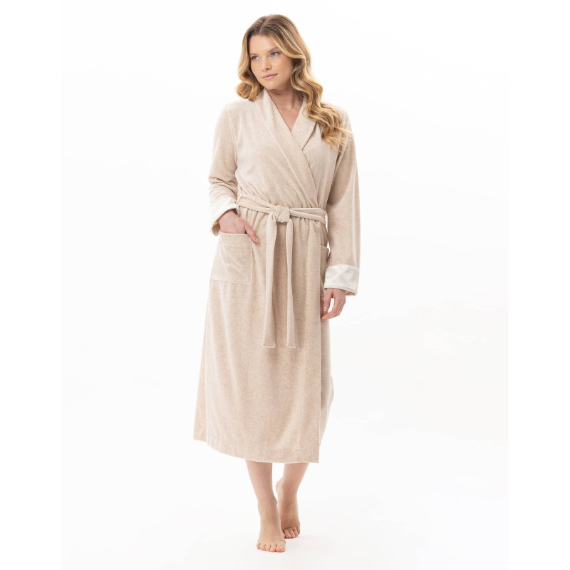 Velvet crossed dressing gown ESSENTIEL Beige China | Lingerie le Chat Velvet crossed dressing gown ESSENTIEL Beige China | Lingerie le Chat